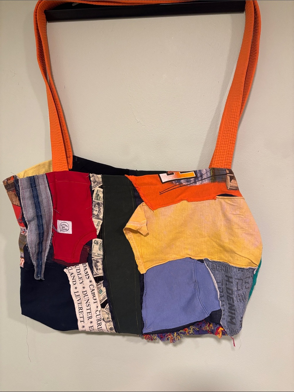 Denim Patchwork Multi-Color Tote Bag with Orange Straps